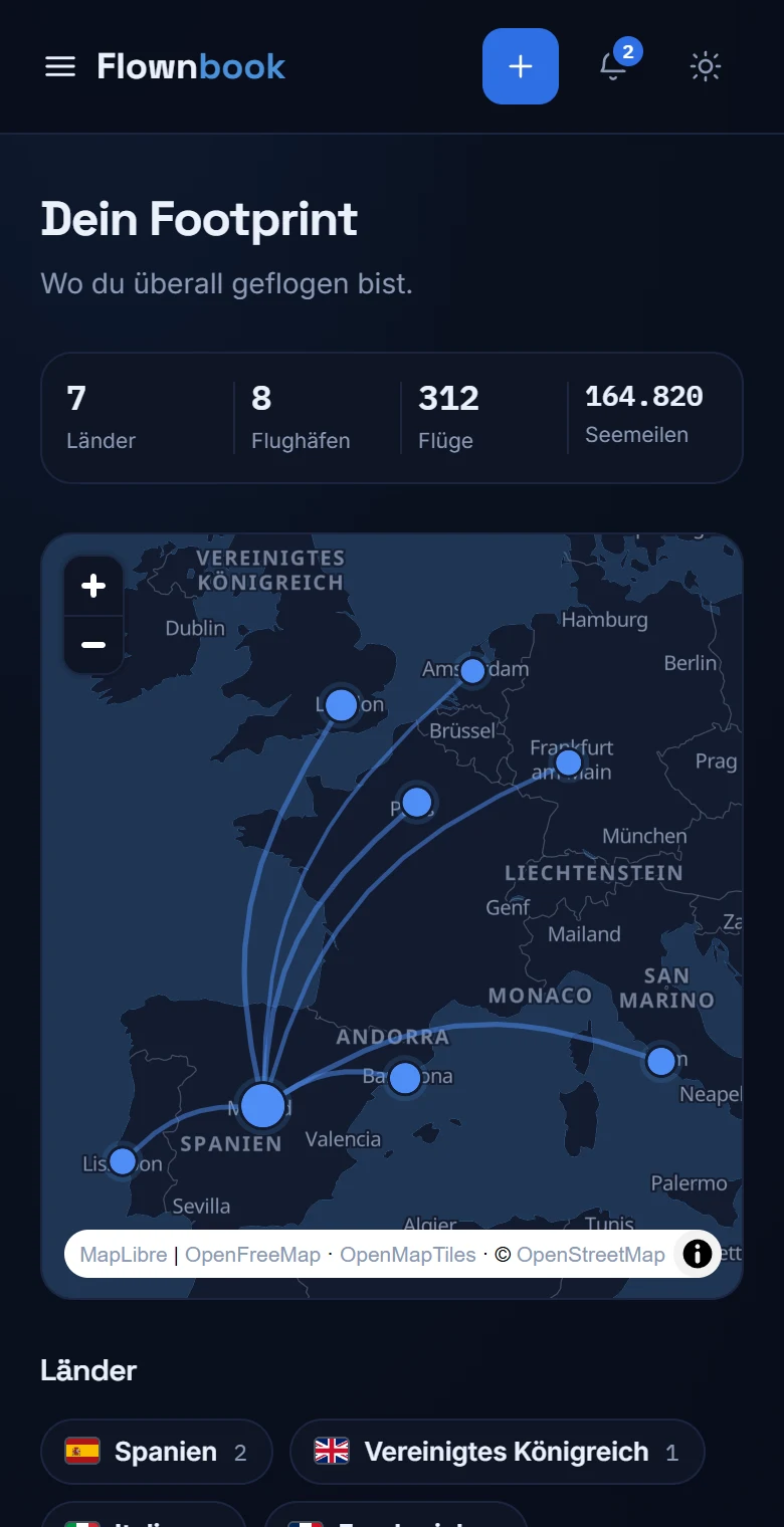 Echte Footprint-Karte mit besuchten europäischen Flughäfen und Strecken ab Madrid.