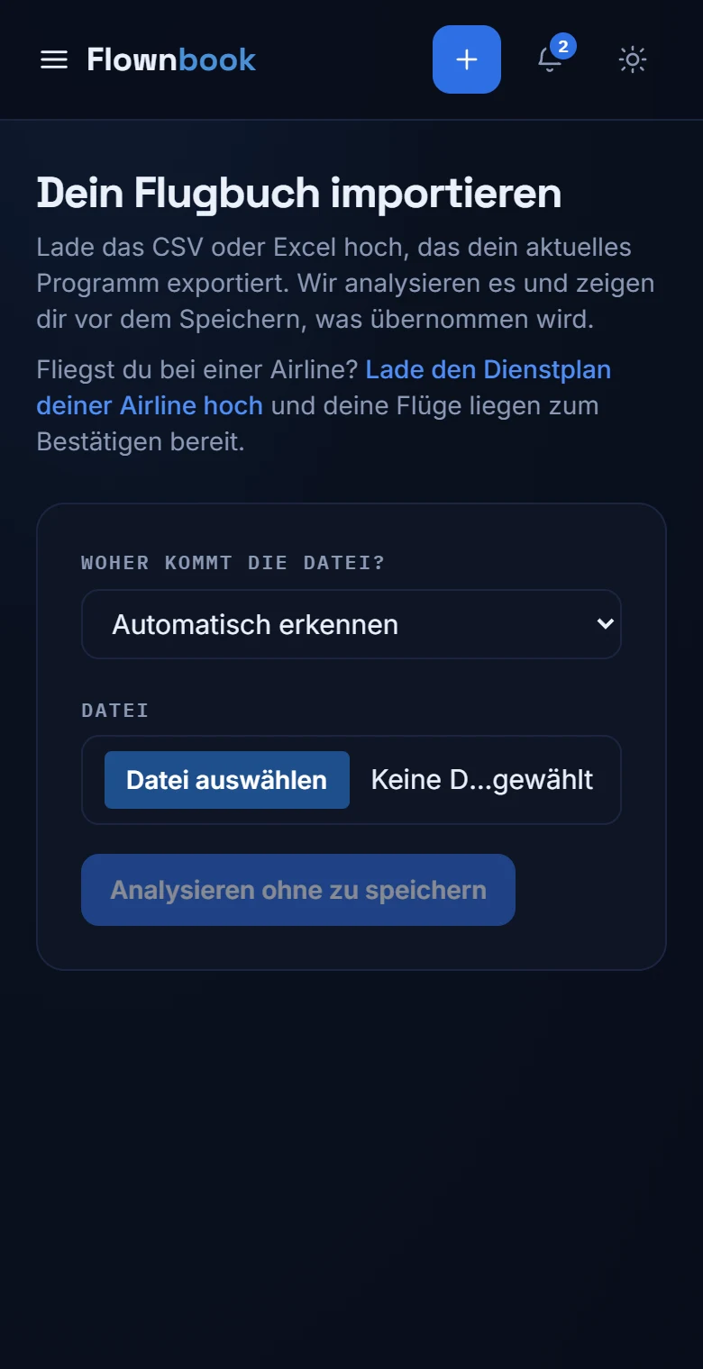 Import mit Dateiauswahl für CSV oder Excel und Optionen zur Datumsreihenfolge.