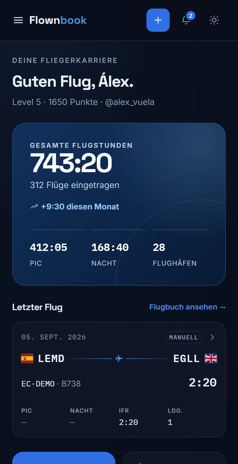 Startbildschirm von Flownbook mit Gesamtstunden, PIC-Zeit, Nachtflug und dem zuletzt eingetragenen Flug.