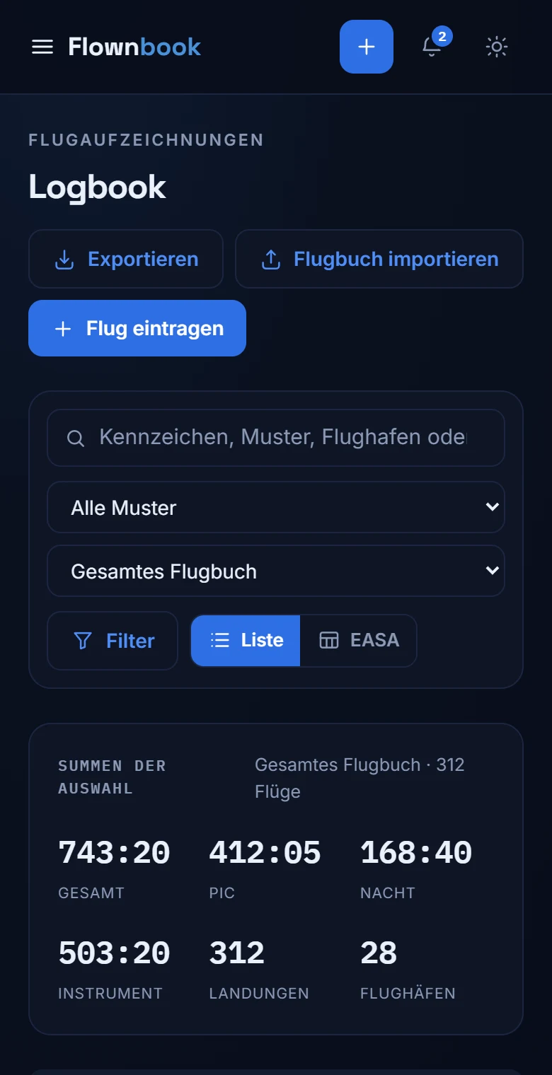 Mobiles Flugbuch mit Filtern und Summen der Flüge.