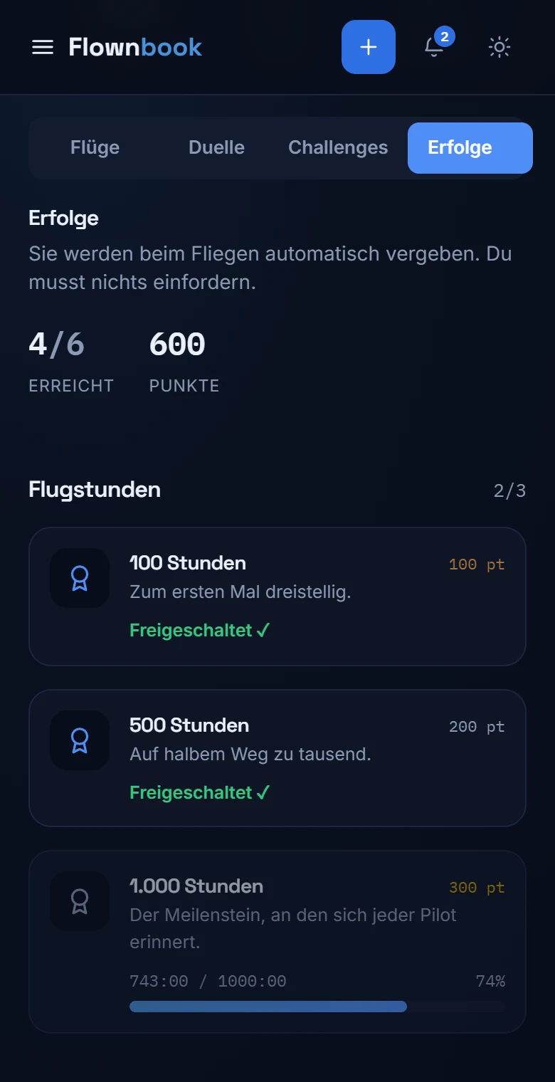 Echte Galerie der Erfolge mit Abzeichen, Punkten und Fortschritt Richtung 1.000 Stunden.