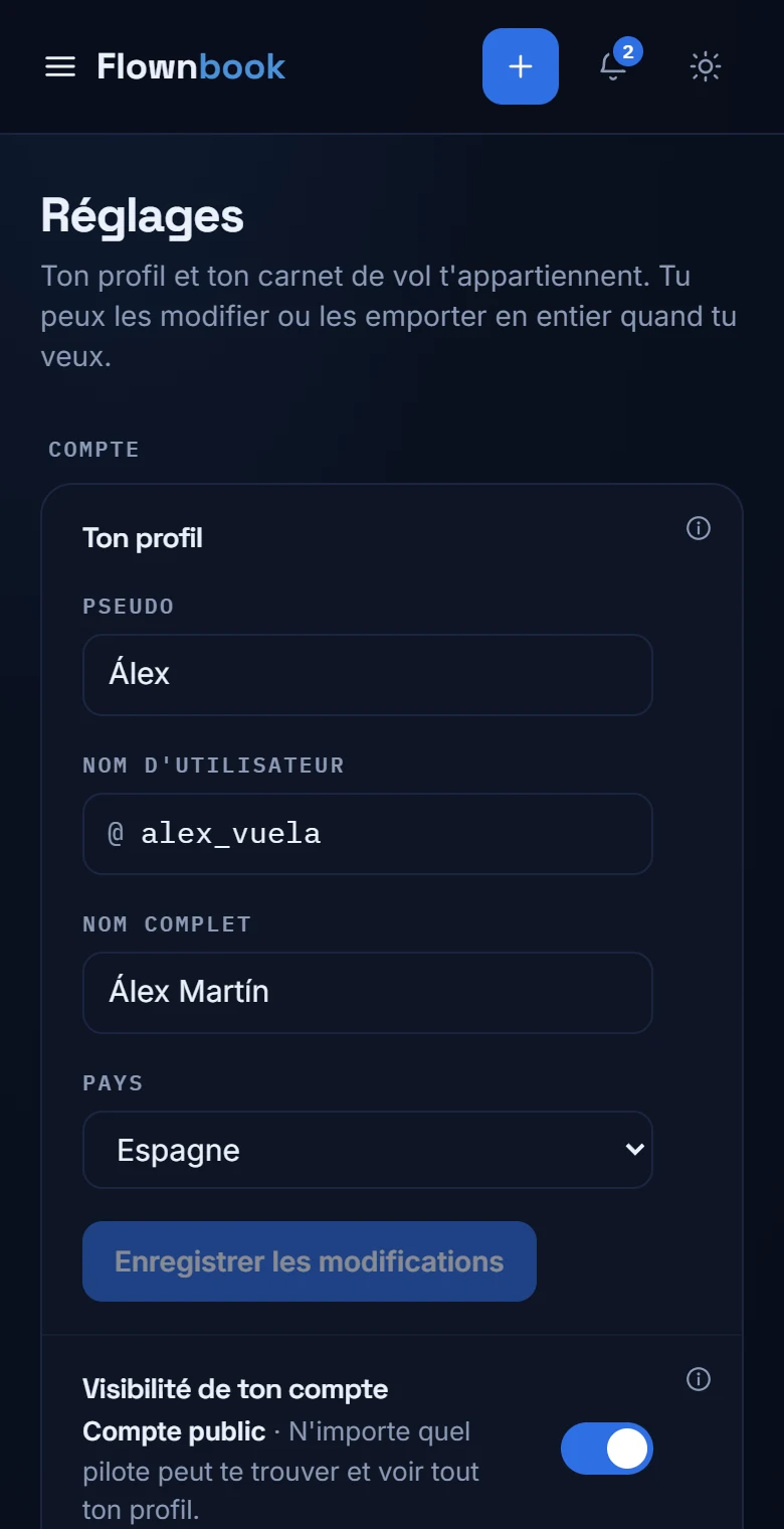 Réglages avec les champs nom, pseudo, biographie et données du profil de pilote.