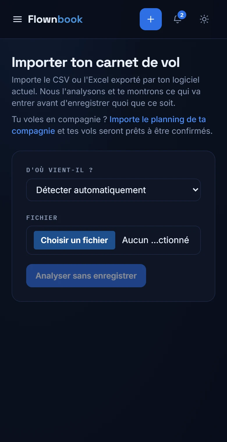 Import avec sélecteur de fichier CSV ou Excel et options d'ordre des dates.